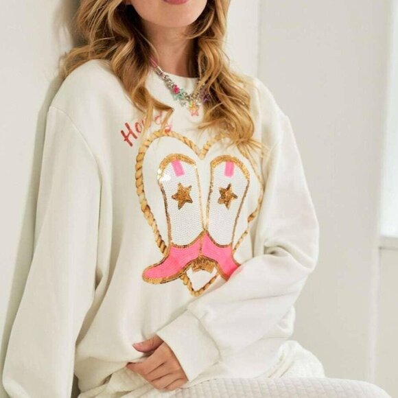 Cowgirl Rope Print With Sequin Boots Sweater - Picture 2 of 8